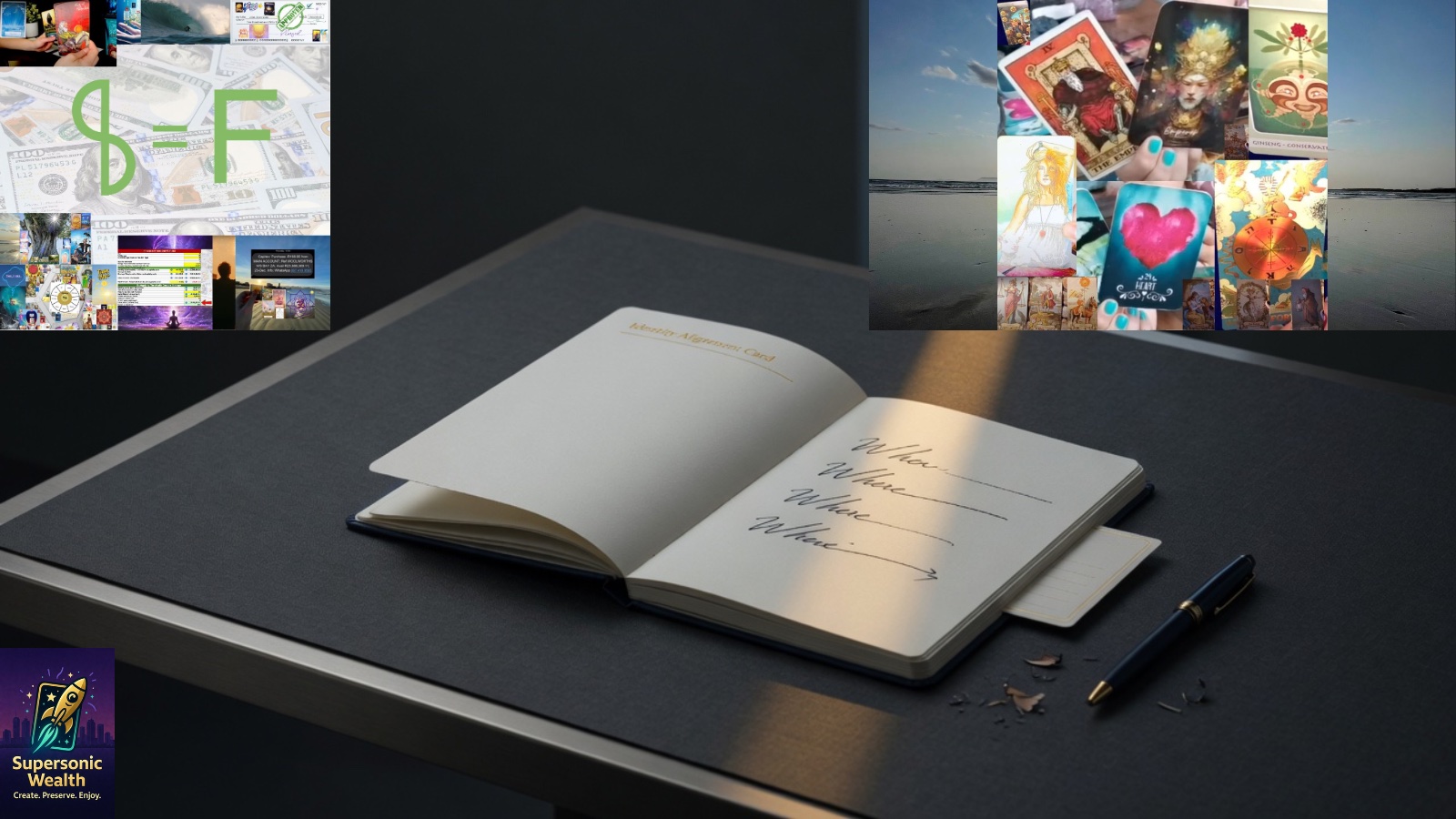 Calm premium editorial still — Identity Alignment Card and Who / Where / Want protocol under soft gold light; Quantum Awakening identity layer for sovereign wealth